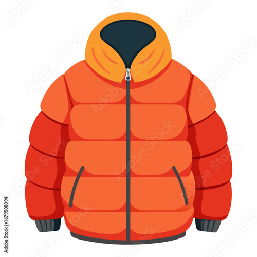 Orange puffer jacket illustration with high collar, Vector illustration of an orange puffer jacket with zipper and padded design, symbolizing cozy winter outerwear and fashionable cold-weather clothin