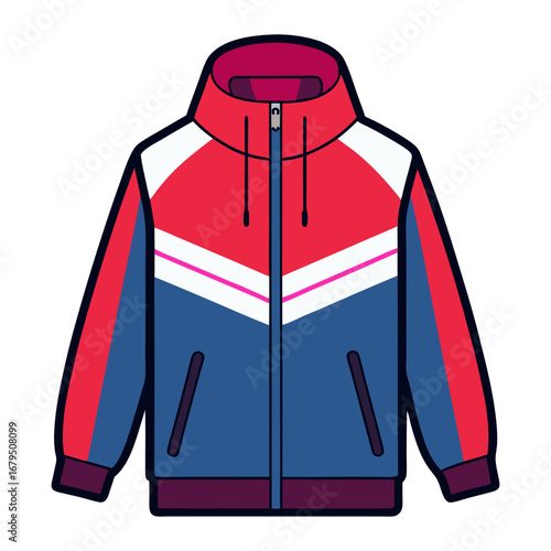 Colorful sports jacket with retro design, Illustration of a stylish sports jacket in red, blue, and white with hood and zipper, representing athletic and casual streetwear fashion.
