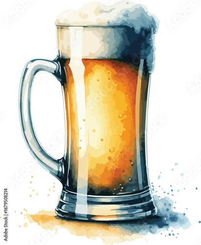 Refreshing Beer Mug Illustration with Frothy Head Watercolor Style Artwork Ready for Summer Celebration and Oktoberfest Promotion Drink Beverage Concept