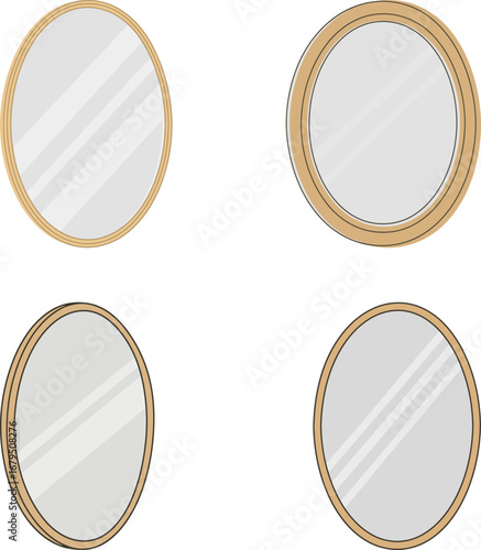 Set of four different illustrations of a decorative oval mirror with a wooden frame, showing different perspectives and designs