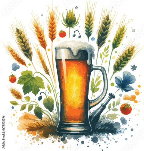 Refreshing beer mug illustration with wheat and hop accents for beverage or brewery branding and summertime celebration designs