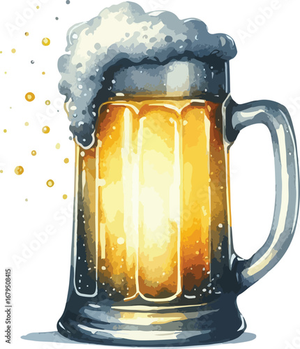 Refreshing Beer Mug Watercolor Illustration with Frothy Head and Golden Liquid on a White Background for Celebratory Occasions