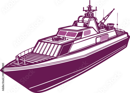  A detailed illustration of a modern patrol boat, featuring a multi-level superstructure, radar, and a sturdy hull