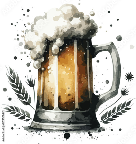 Refreshing Beer Mug Watercolor Illustration with Frothy Head and Wheat Accents Perfect for Oktoberfest Celebrations and Craft Beer Promotions