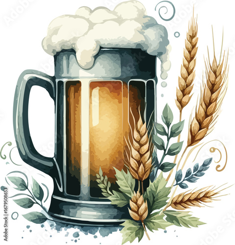 Refreshing Beer Mug with Foamy Head and Wheat Illustration on a White Background for Oktoberfest or Celebrations