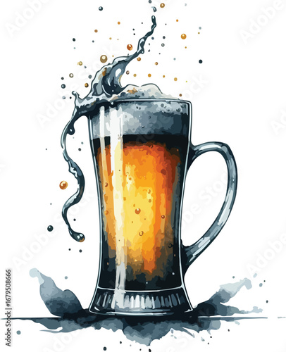 Refreshing Beer Mug with Foamy Overflow Watercolor Illustration on White Background for Celebration and Summer Vibes