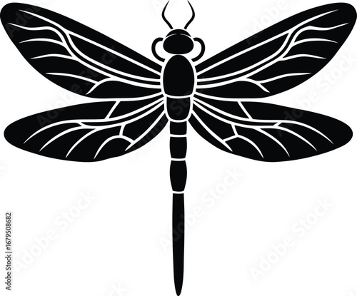 A vector illustration of a green dragonfly with intricate wings flying on a white background