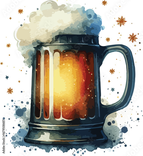 Refreshing Beer Mug with Frothy Head and Festive Decorations Watercolor Style Illustration for Celebrations and Good Times