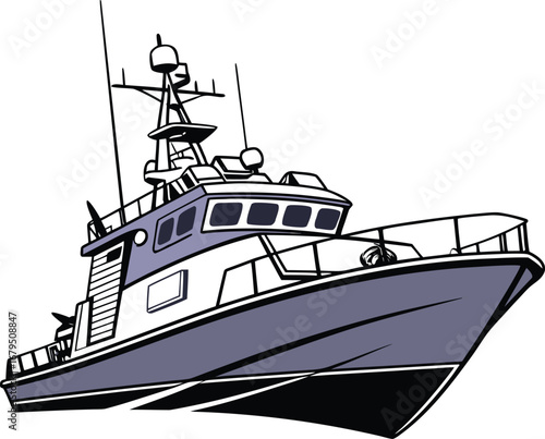  A detailed illustration of a modern patrol boat, featuring a multi-level superstructure, radar, and a sturdy hull