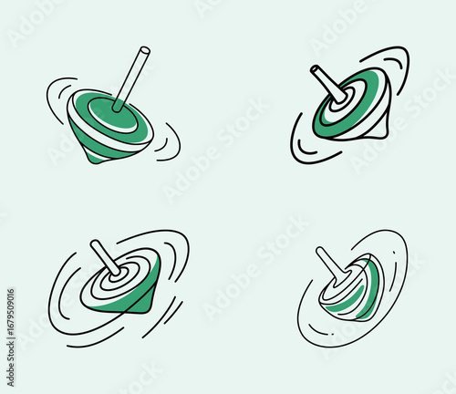 Set of four different illustrations of a spinning top toy, with swirling lines indicating motion, and a green accent color
