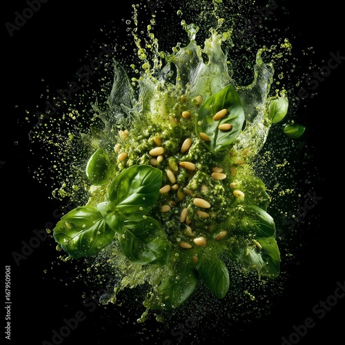 Fresh green pesto sauce explosion with basil leaf and pine nut flying through air creating dynamic splash pattern against dark background for culinary food photography