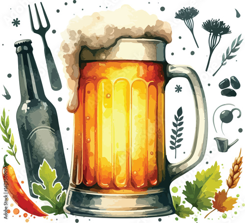 Refreshing Beer Mug with Rich Foam and Accompaniments Artistic Celebration of Craft Beer and Culinary Delights