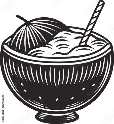 Black and white drawing of a tropical dessert in a bowl