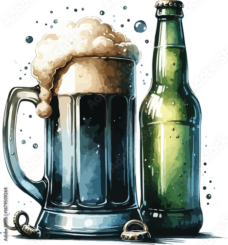 Refreshing Beer Still Life with Mug Bottle and Cap Watercolor Style Illustration Perfect for Brewery Pub or Restaurant Menus