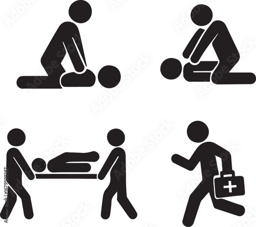 First Aid & Emergency Response Icon Set — Black Vector Pictograms of CPR, Stretcher Rescue, and Medical Assistance