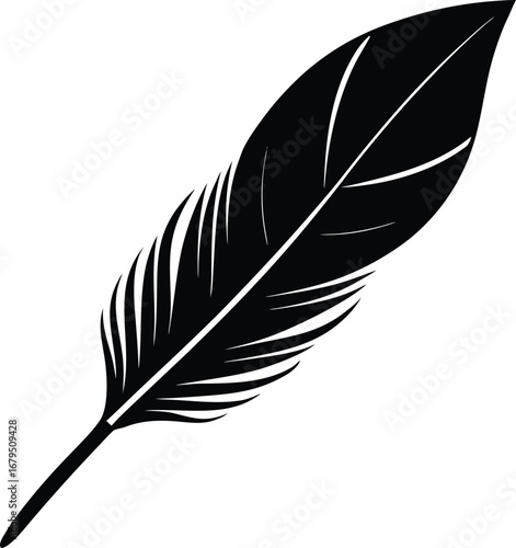 Black and white feather vector illustration isolated on a white background, symbolizing writing and literature