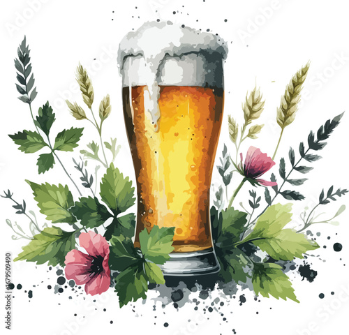 Refreshing Craft Beer Artwork with Floral Accents for Summer or Festive Occasions and Celebratory Toasts with Beer Illustration