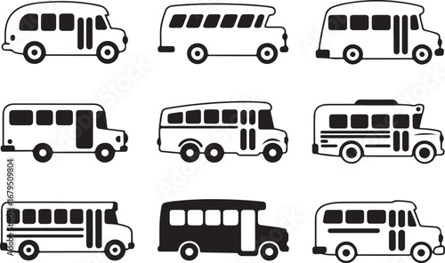 School Bus Outline Transportation Vehicle Icon Set for Education and Commuting Use