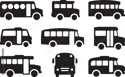 School Bus Transportation Vehicle Silhouette Icon Set for Education and Commuting Needs