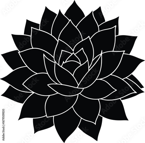 Black and white vintage vector illustration of a beautiful floral plant design with a lotus blossom and leaves