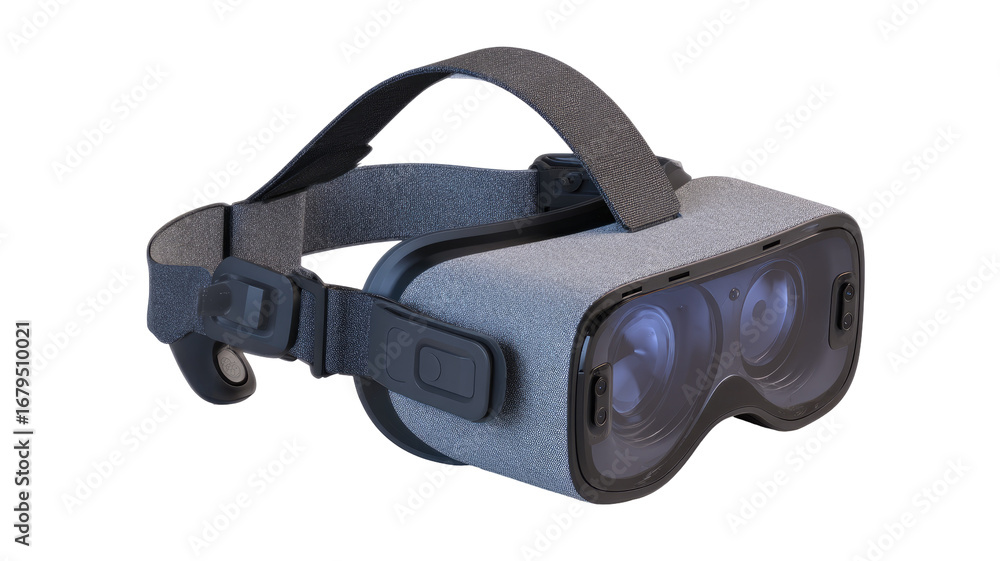 Fototapeta premium Gray VR headset angled, showing adjustable straps and lenses