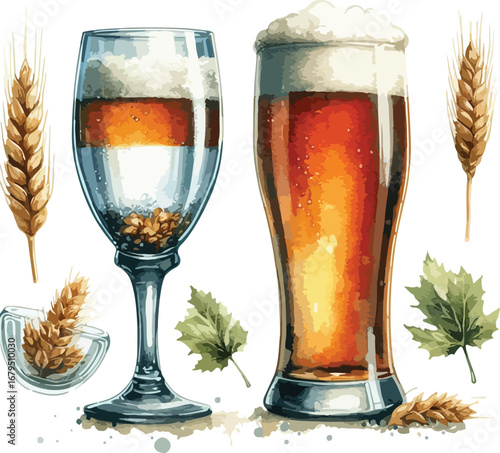Refreshing Craft Beer Watercolor Illustration with Wheat and Hops Symbolizing Brewing Process and Celebration of Flavorful Alcoholic Beverages