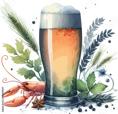 Refreshing Craft Beer with Lobster and Floral Accents Watercolor Style Illustration for Gastronomy and Celebration Concepts