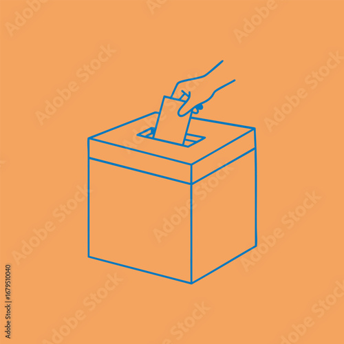 Hand placing a ballot into a voting box on an orange background, symbolizing civic engagement and democracy