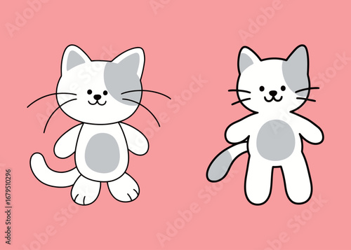 Two illustrations of a cute cartoon cat, a white kitten with gray patches, showing different playful poses on a pink background