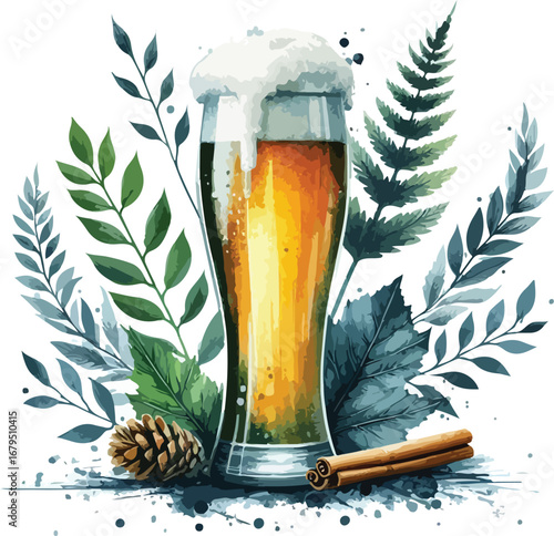 Refreshing glass of craft beer with frothy head surrounded by botanical elements and spices a perfect autumn ale still life composition