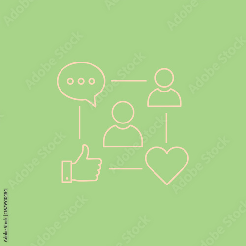Simple illustration depicting social interaction with speech bubbles, thumbs up, and heart symbols on a green background