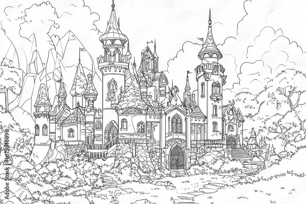 Obraz premium Cartoon enchanted castle coloring page for kids, simple black and white outline illustration with strong lines on white background