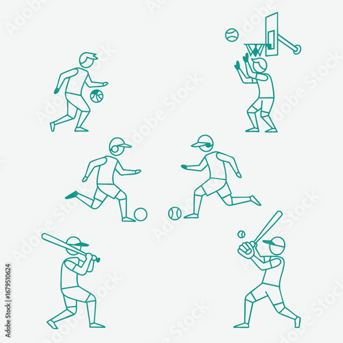Illustrative depiction of various athletes engaged in different sports activities, showcasing dynamic movements and teamwork