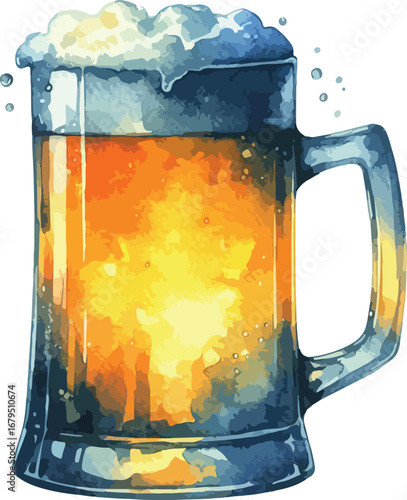 Refreshing Mug of Beer with Frothy Head Watercolor Illustration on White Background Perfect for Summer Events and Celebrations
