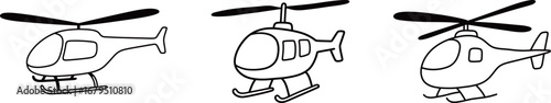 Set of three simple illustrations of a helicopter, showing different designs and styles in line art form