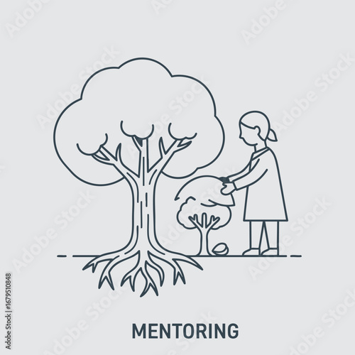 A person nurturing a young tree under the guidance of a larger tree, symbolizing growth and mentorship in nature