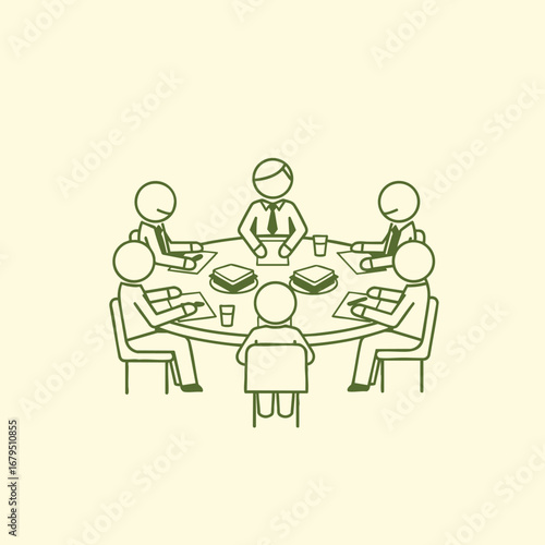Illustration of a business meeting around a circular table with participants engaged in discussion and note-taking