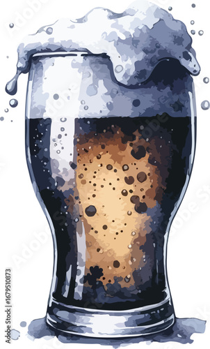 Refreshing Pint of Dark Beer Illustration with Frothy Head in Watercolor Style Design Perfect for Pubs and Breweries