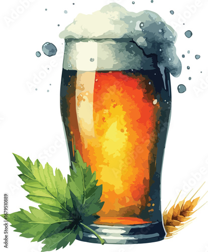 Refreshing Pint of Beer with Hops and Wheat Watercolor Illustration for Brewery or Pub Advertisements