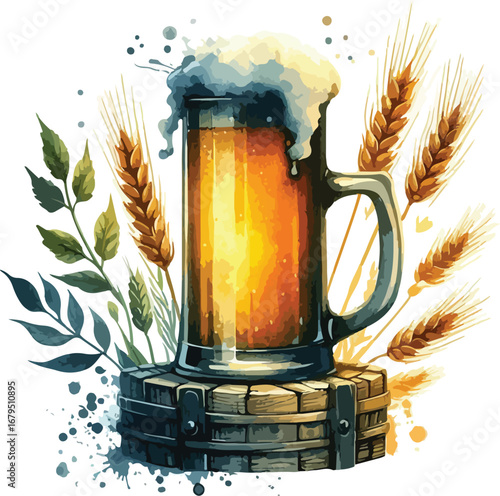 Refreshing Pint of Beer with Golden Wheat and Rustic Wooden Base Watercolor Style Illustration