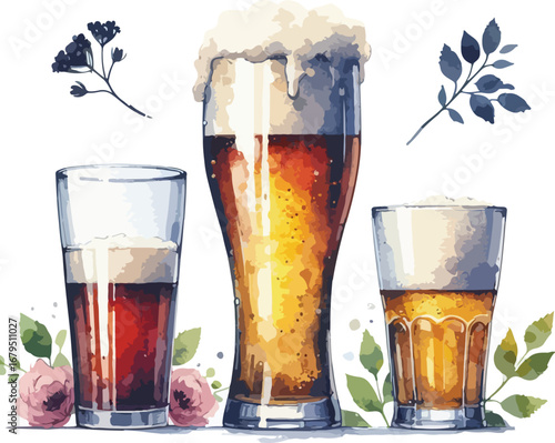 Refreshing Watercolor Beer Glasses Illustration with Floral Accents Ideal for Pubs Breweries and Craft Beer Promotions