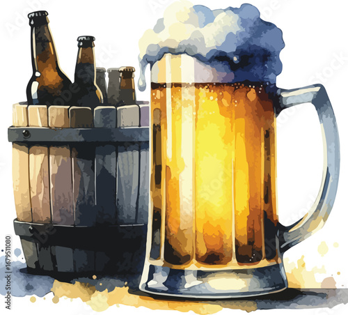 Refreshing Watercolor Beer Illustration featuring a Full Mug and Bottles in a Barrel Perfect for Oktoberfest or Craft Beer Promotions
