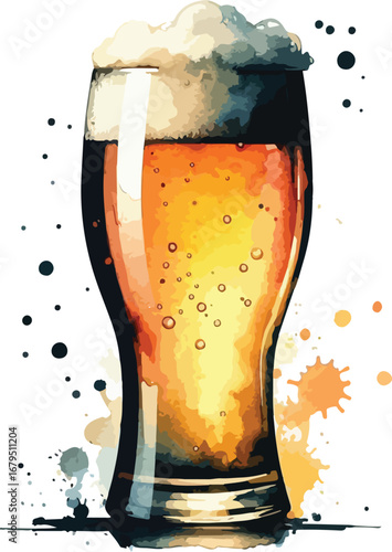 Refreshing Watercolor Beer Illustration with Foamy Head Perfect for Bar Menus and Celebratory Occasions like Oktoberfest and Summer Gatherings