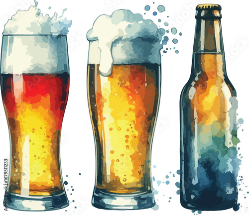 Refreshing Watercolor Beer Illustration with Frothy Glasses and Bottle for Festive Occasions and Celebrations Alcohol Beverage Still Life