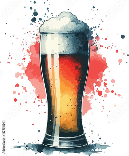Refreshing Watercolor Beer Illustration with Frothy Head and Colorful Splatters Isolated on White Background Good Times Celebration and Social Gathering Concept