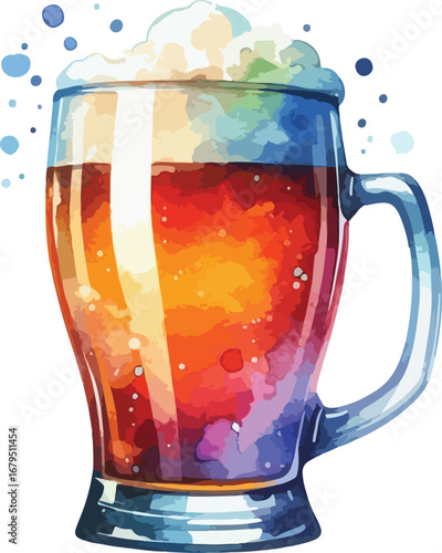 Refreshing Watercolor Beer Mug Illustration with Colorful Foam and Light Reflections Ideal for Beverage Promotions and Summer Designs