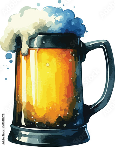 Refreshing Watercolor Beer Mug Illustration with Foamy Head Ideal for Oktoberfest Celebrations and Beverage Designs