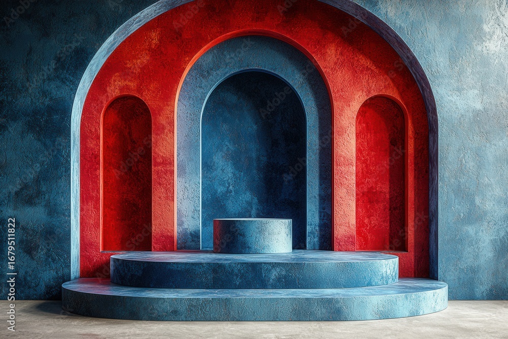 Fototapeta premium Minimalist abstract stage design featuring vibrant red circle against blue backdrop