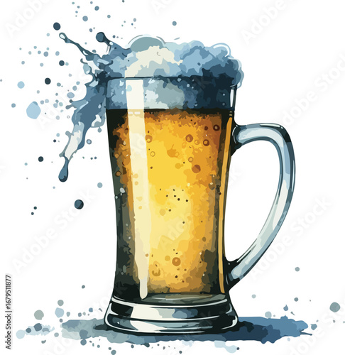 Refreshing Watercolor Beer Mug with Foam and Splashes of Liquid on White Background Ideal for Celebrations and Craft Beverage Concepts