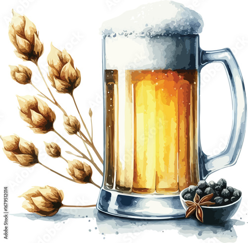 Refreshing Watercolor Beer Mug with Hops and Spices Illustration for Craft Beverage Lovers and Food Bloggers